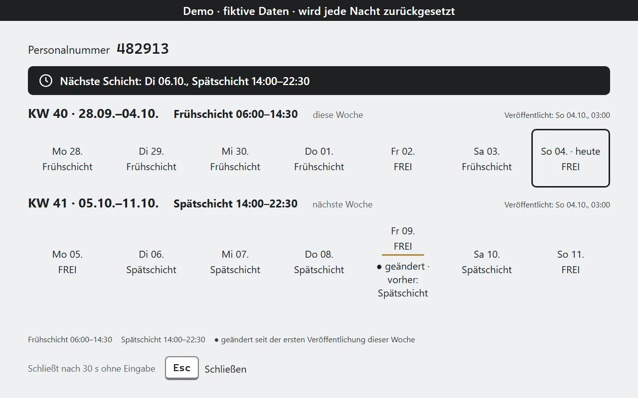 Kiosk-Anzeige des Schichtplan-Kiosks: nächste Schicht und die Schichten der aktuellen und der nächsten Kalenderwoche.